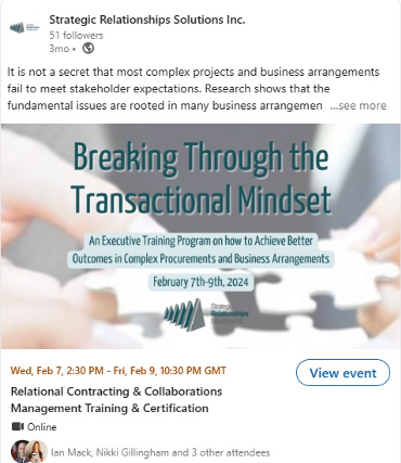 In partnership with ICW Canada, Strategic Relationships Solutions Inc. will be hosting an online course on Relational Contracting and Collaboration Management from February 7th to 9th
